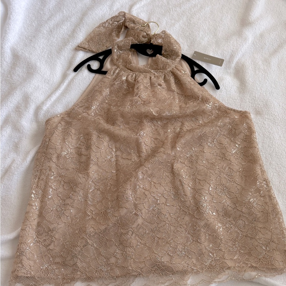 J.Crew champagne lace sparkly tie-neck halter top NWT